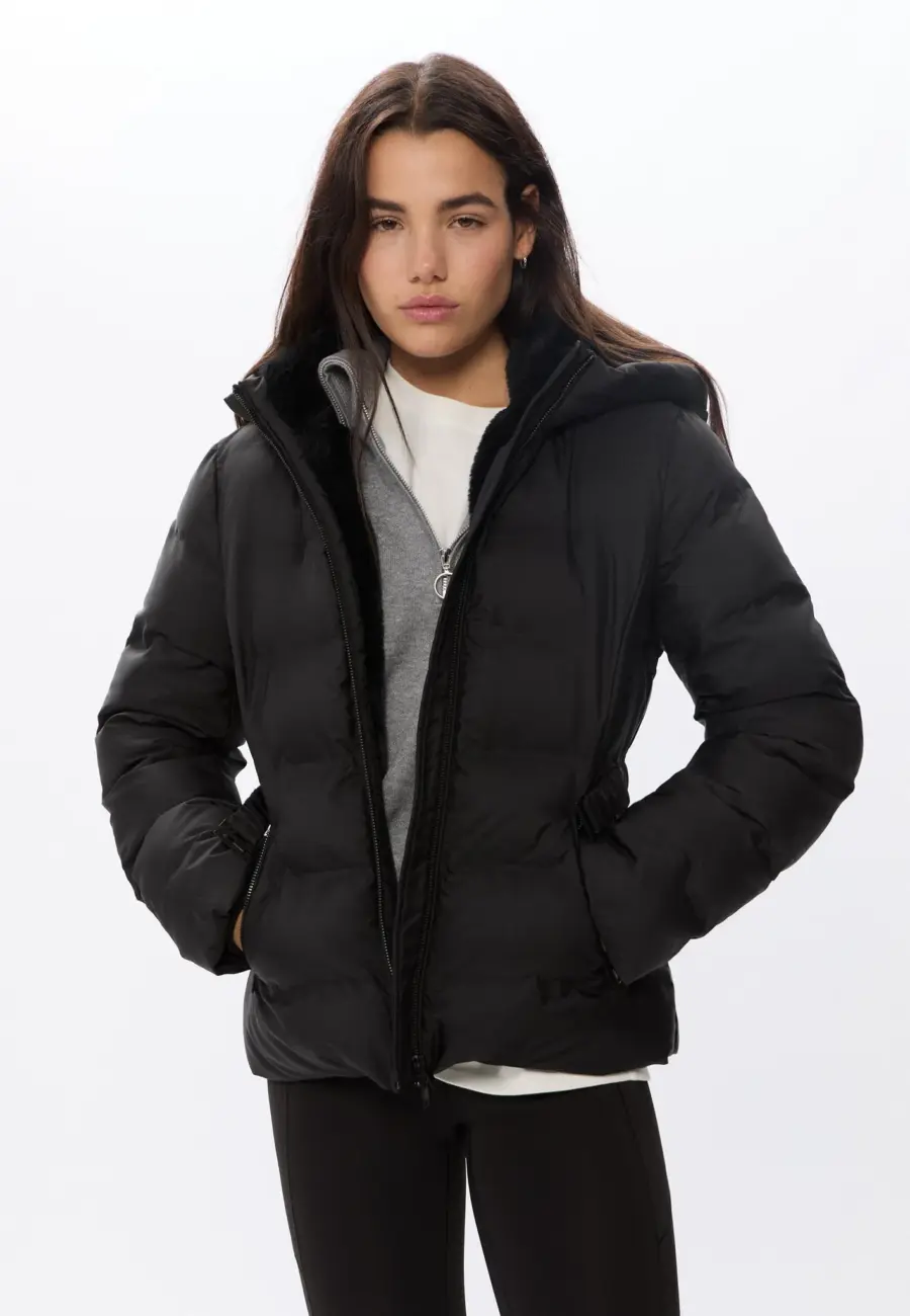 Hooded puffer jacket with belt