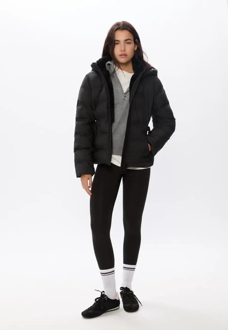 Hooded puffer jacket with belt