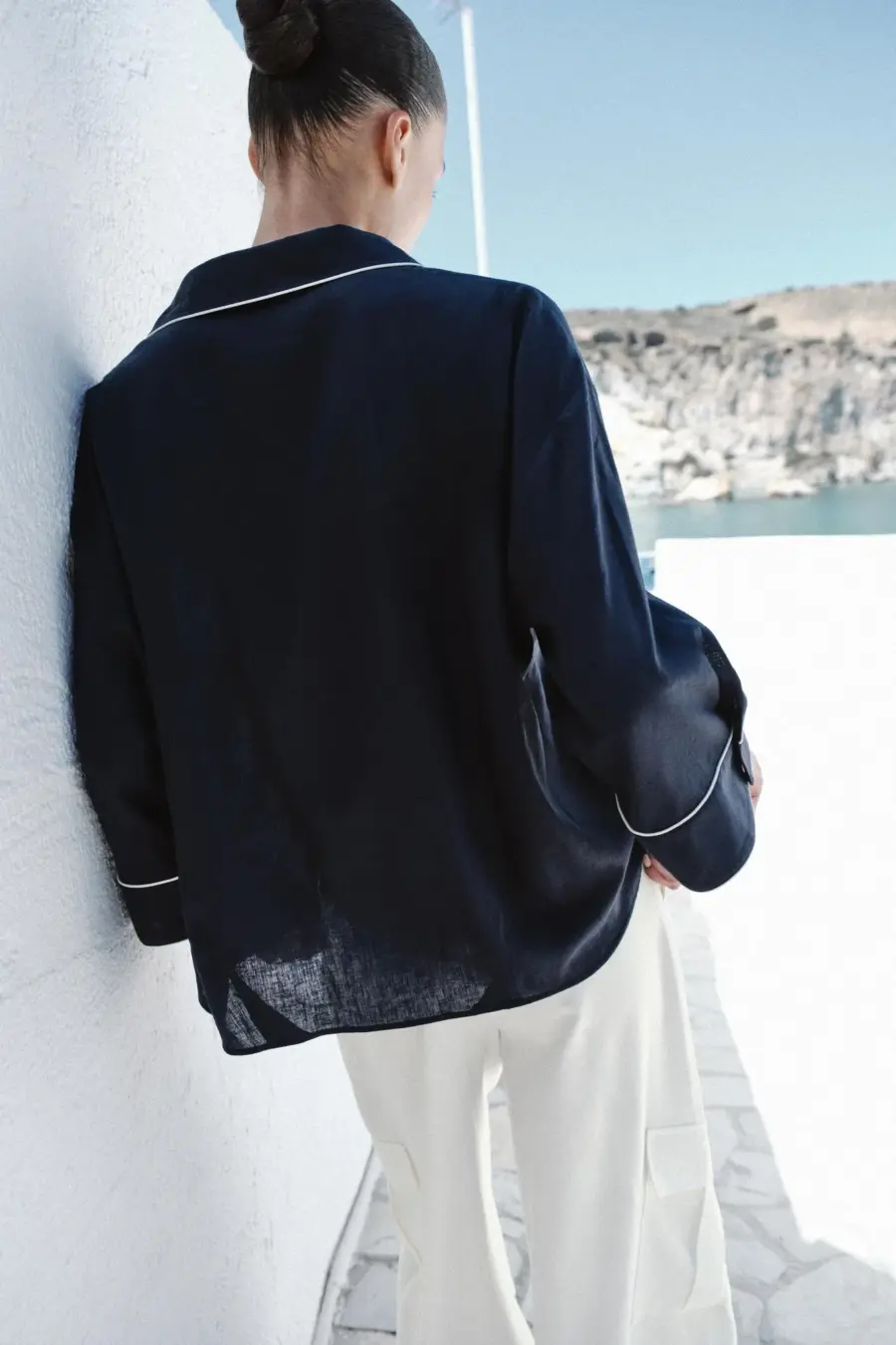 LINEN BLEND SHIRT WITH CONTRAST PIPING