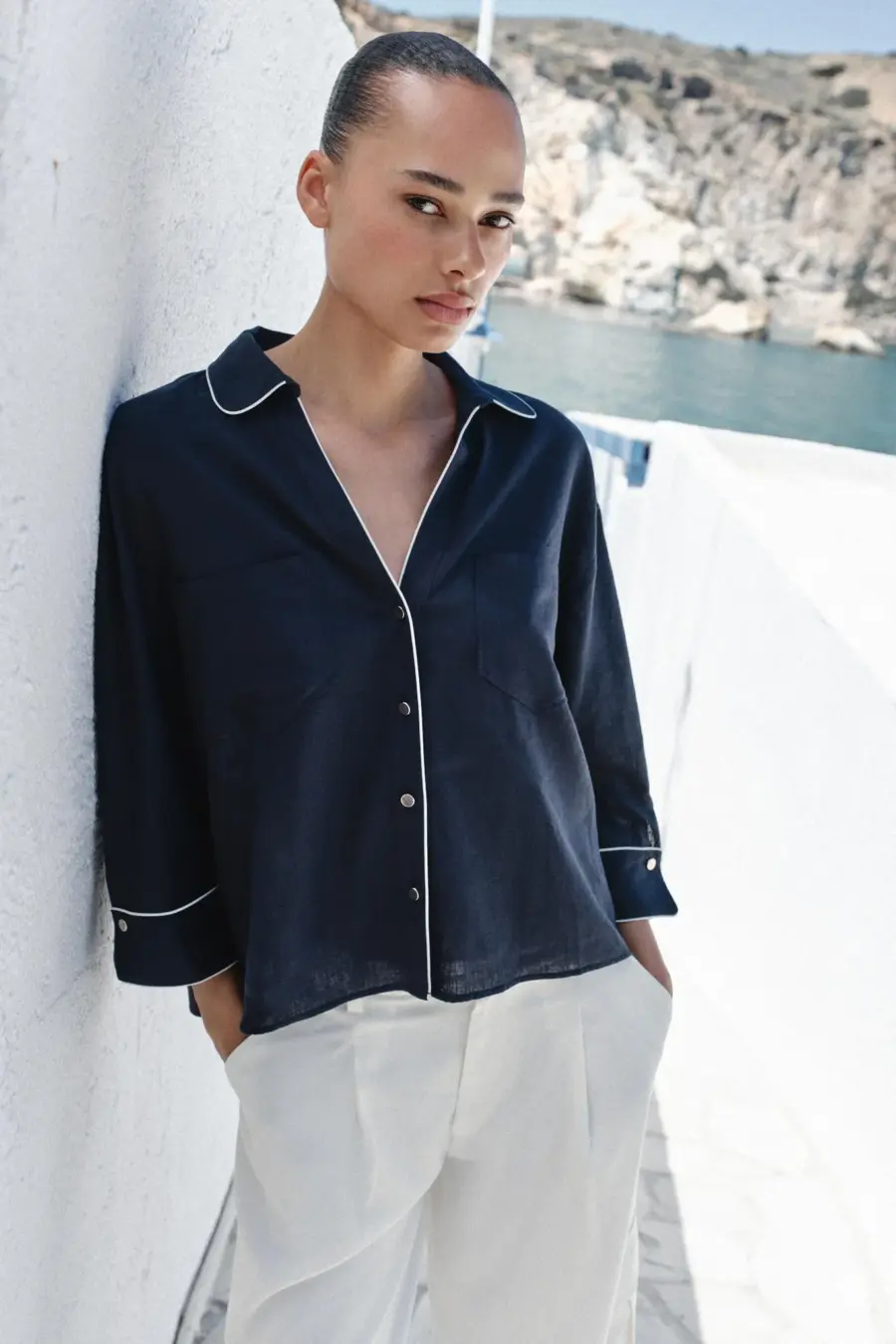 LINEN BLEND SHIRT WITH CONTRAST PIPING