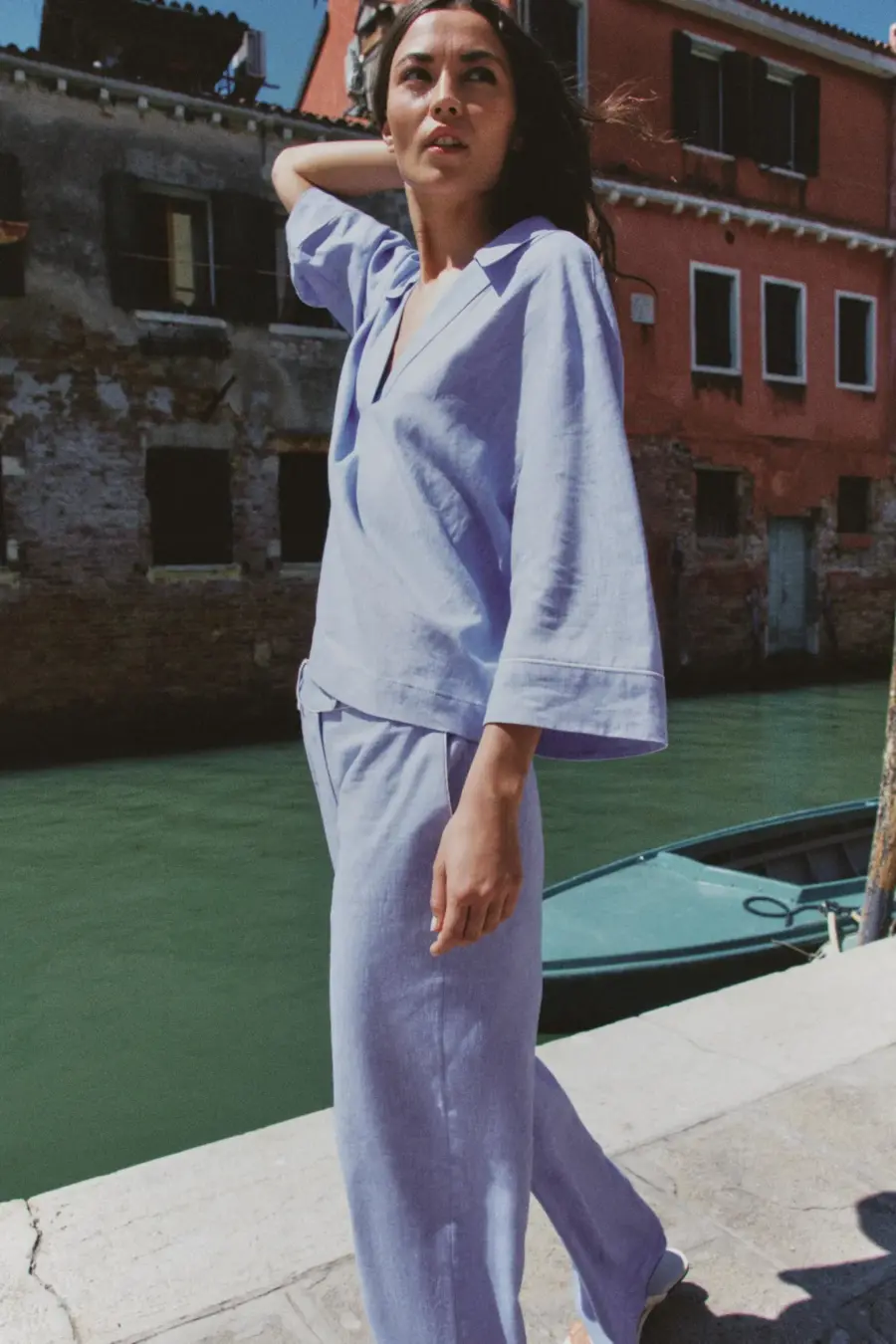 LINEN BLEND BLOUSE WITH PIPING