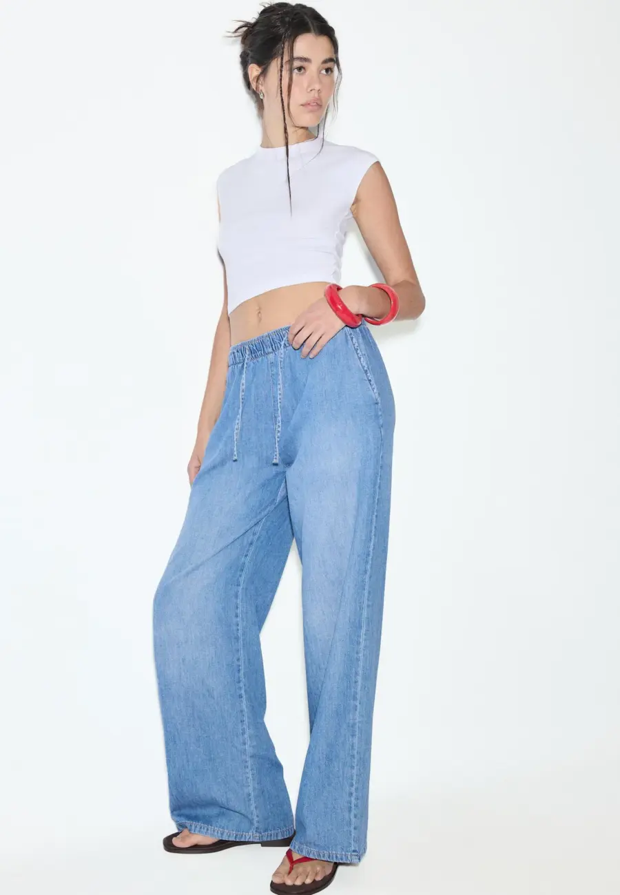 Flowy denim drawstring trousers