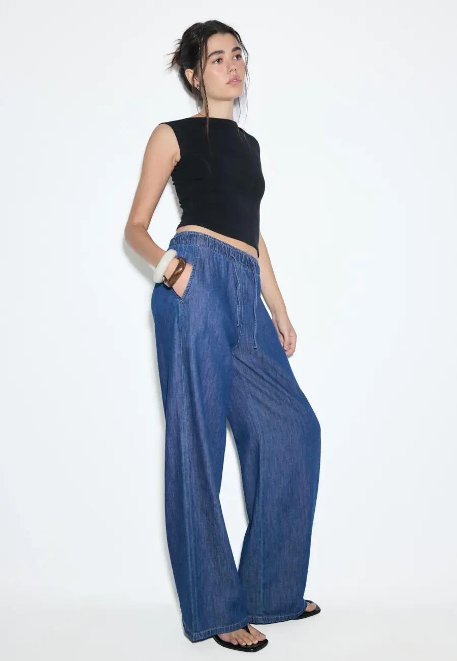 Flowy denim drawstring trousers