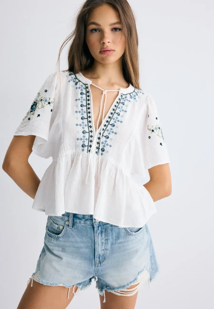 Contrast embroidery short sleeve blouse