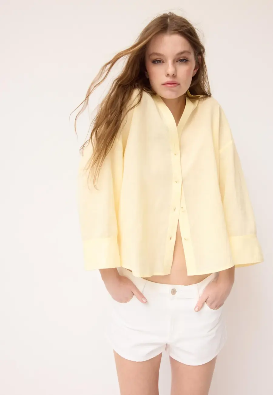 Linen-effect kimono sleeve shirt