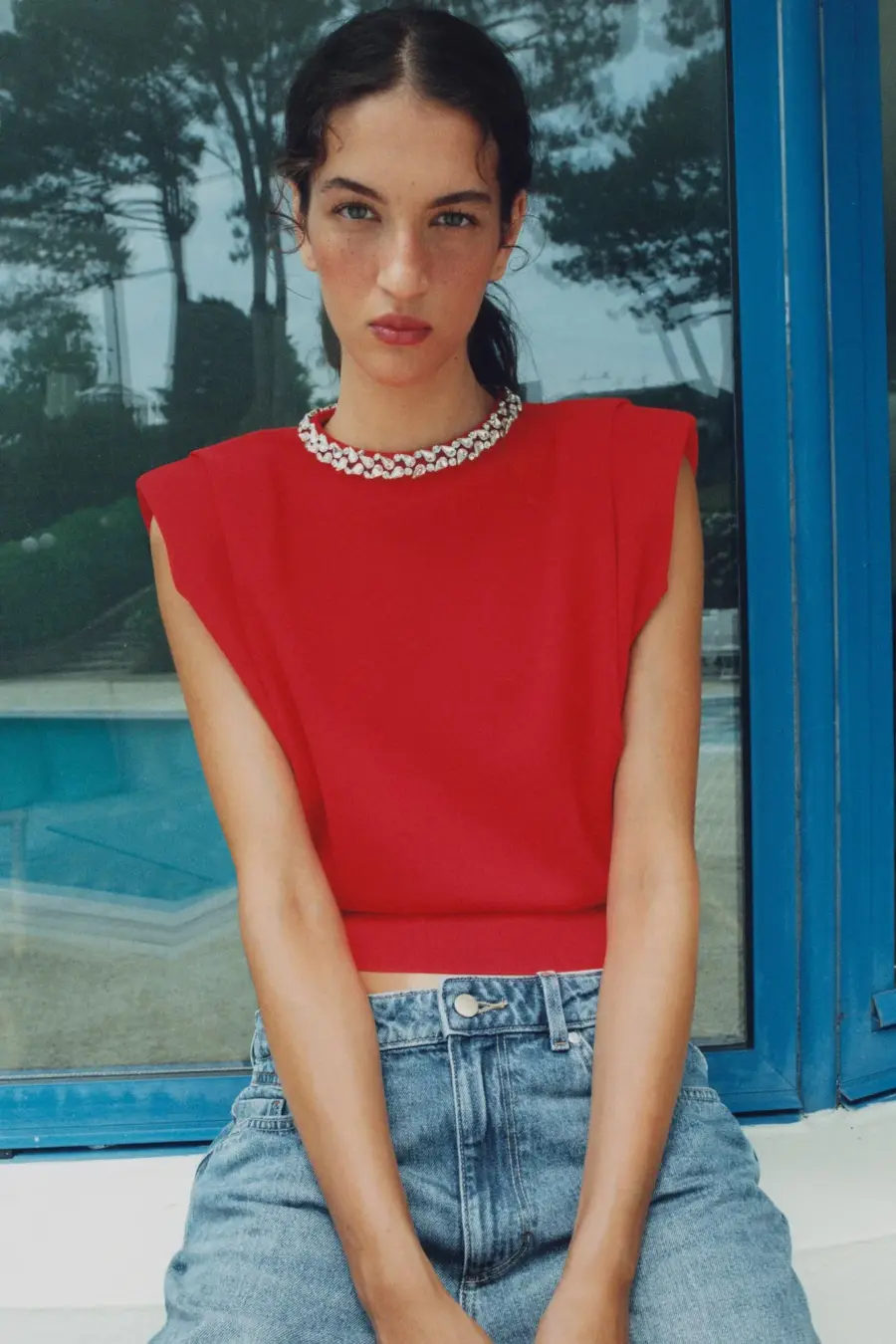 JEWEL-NECK TOP WITH SHOULDER PADS