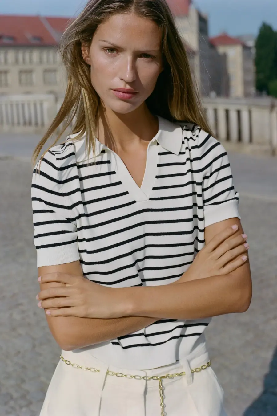 STRIPED KNIT SHORT SLEEVE POLO SHIRT