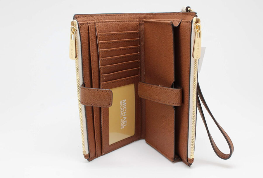 Michael Kors Jet Set Travel Double Zip Wristlet - Signature PVC (Vanilla PVC/Dark Acorn)