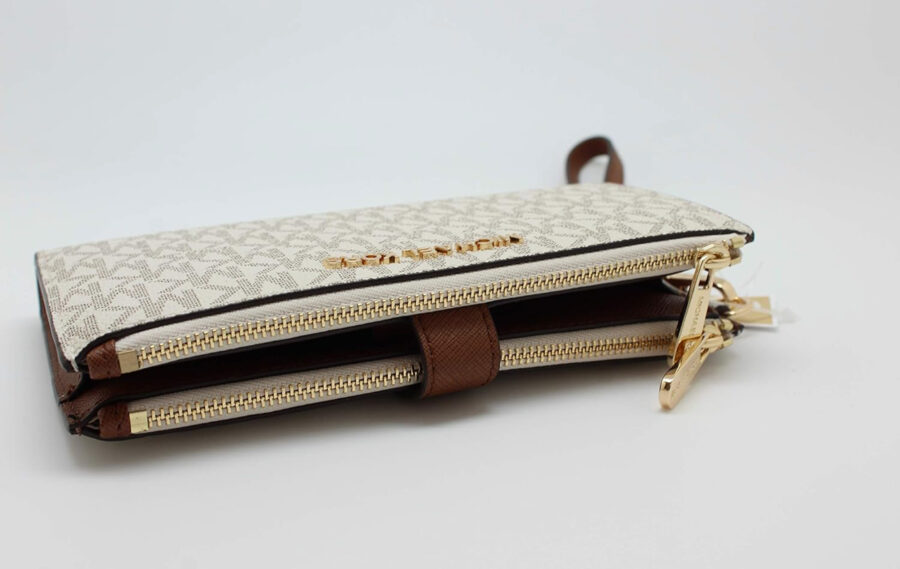 Michael Kors Jet Set Travel Double Zip Wristlet - Signature PVC (Vanilla PVC/Dark Acorn)
