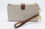 Michael Kors Jet Set Travel Double Zip Wristlet - Signature PVC (Vanilla PVC/Dark Acorn)
