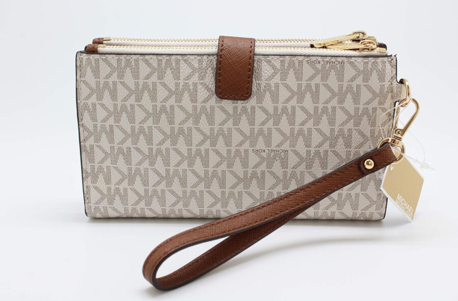 Michael Kors Jet Set Travel Double Zip Wristlet - Signature PVC (Vanilla PVC/Dark Acorn)