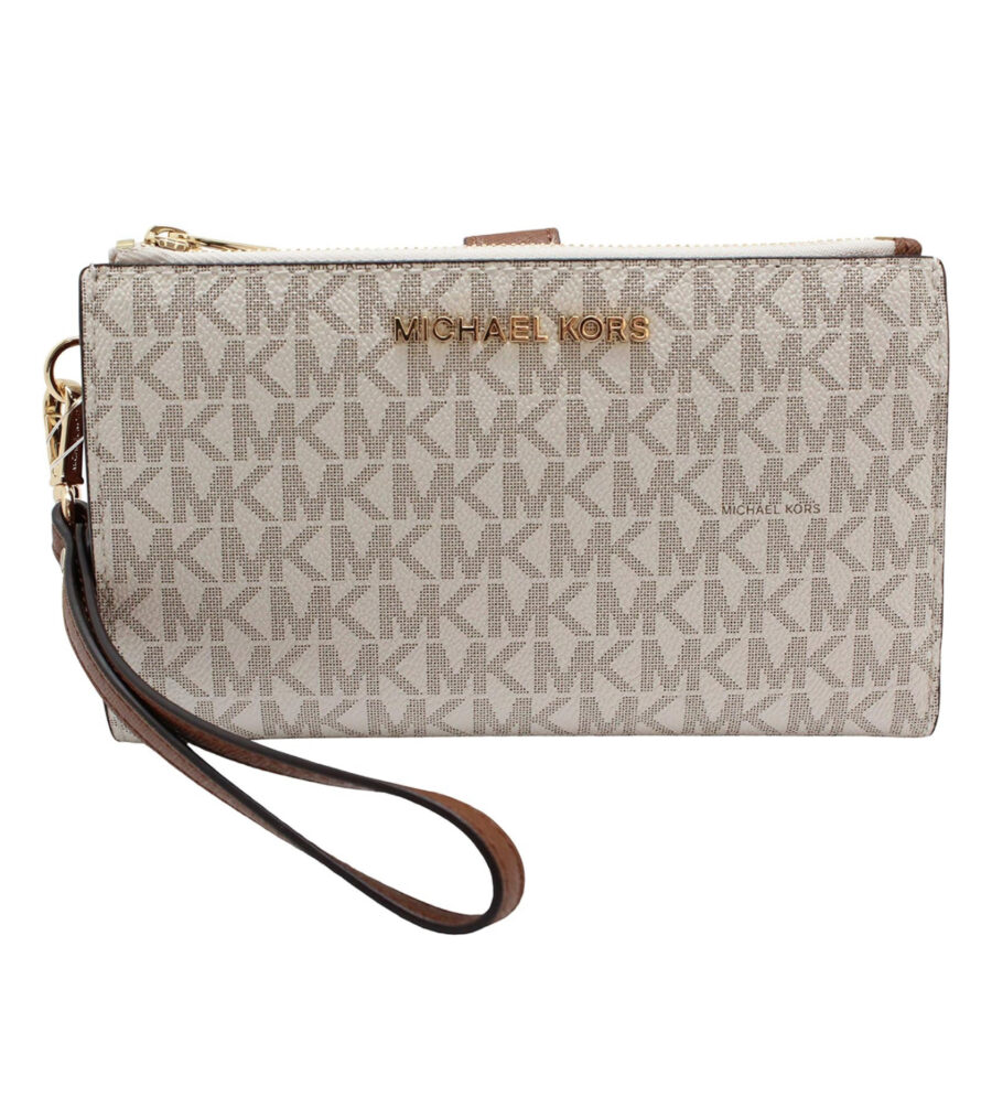 Michael Kors Jet Set Travel Double Zip Wristlet - Signature PVC (Vanilla PVC/Dark Acorn)