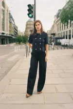 STRAIGHT-LEG TOPSTITCHING LINEN BLEND TROUSERS