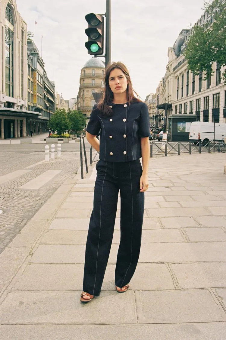 STRAIGHT-LEG TOPSTITCHING LINEN BLEND TROUSERS