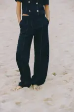 STRAIGHT-LEG TOPSTITCHING LINEN BLEND TROUSERS