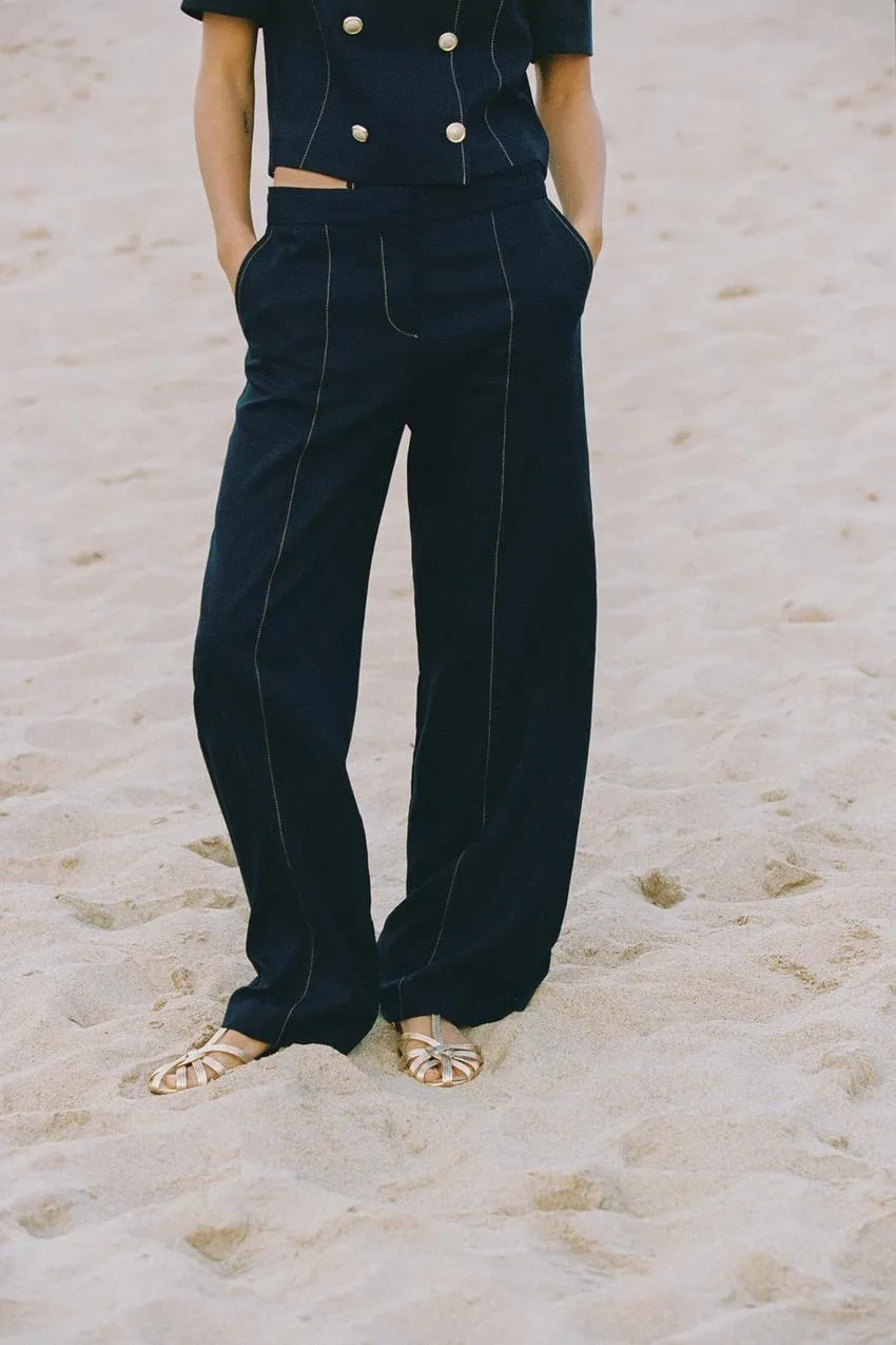 STRAIGHT-LEG TOPSTITCHING LINEN BLEND TROUSERS