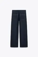 STRAIGHT-LEG TOPSTITCHING LINEN BLEND TROUSERS