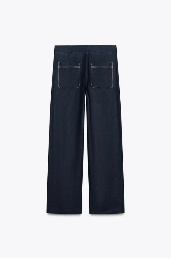 STRAIGHT-LEG TOPSTITCHING LINEN BLEND TROUSERS