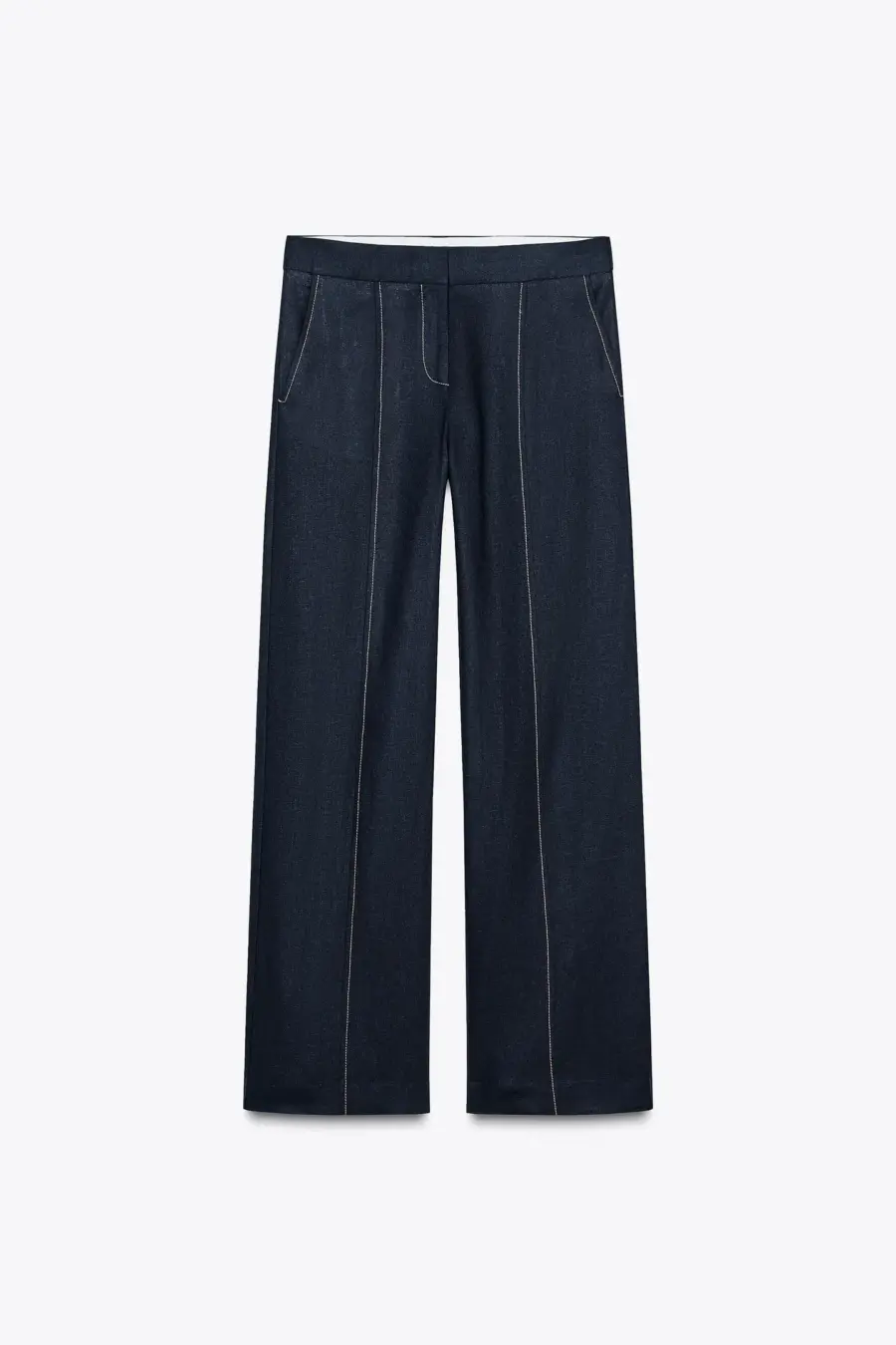 STRAIGHT-LEG TOPSTITCHING LINEN BLEND TROUSERS