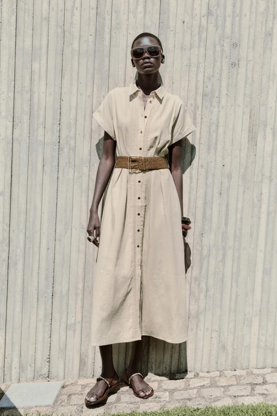 LINEN BLEND MIDI DRESS WITH BELT