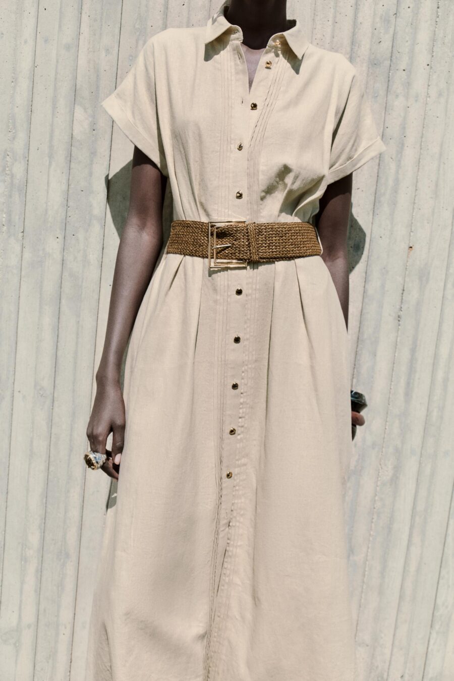 LINEN BLEND MIDI DRESS WITH BELT