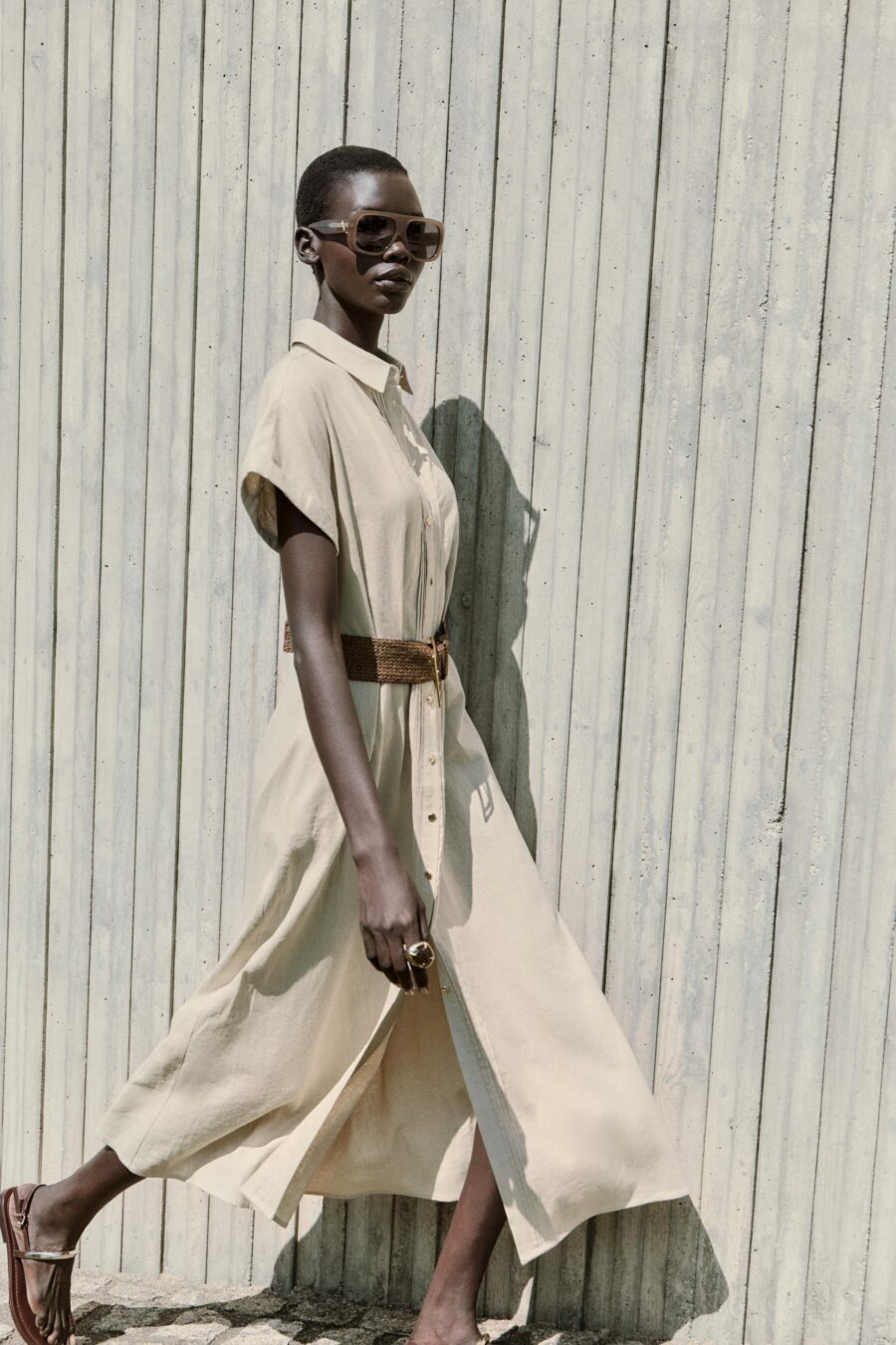 LINEN BLEND MIDI DRESS WITH BELT