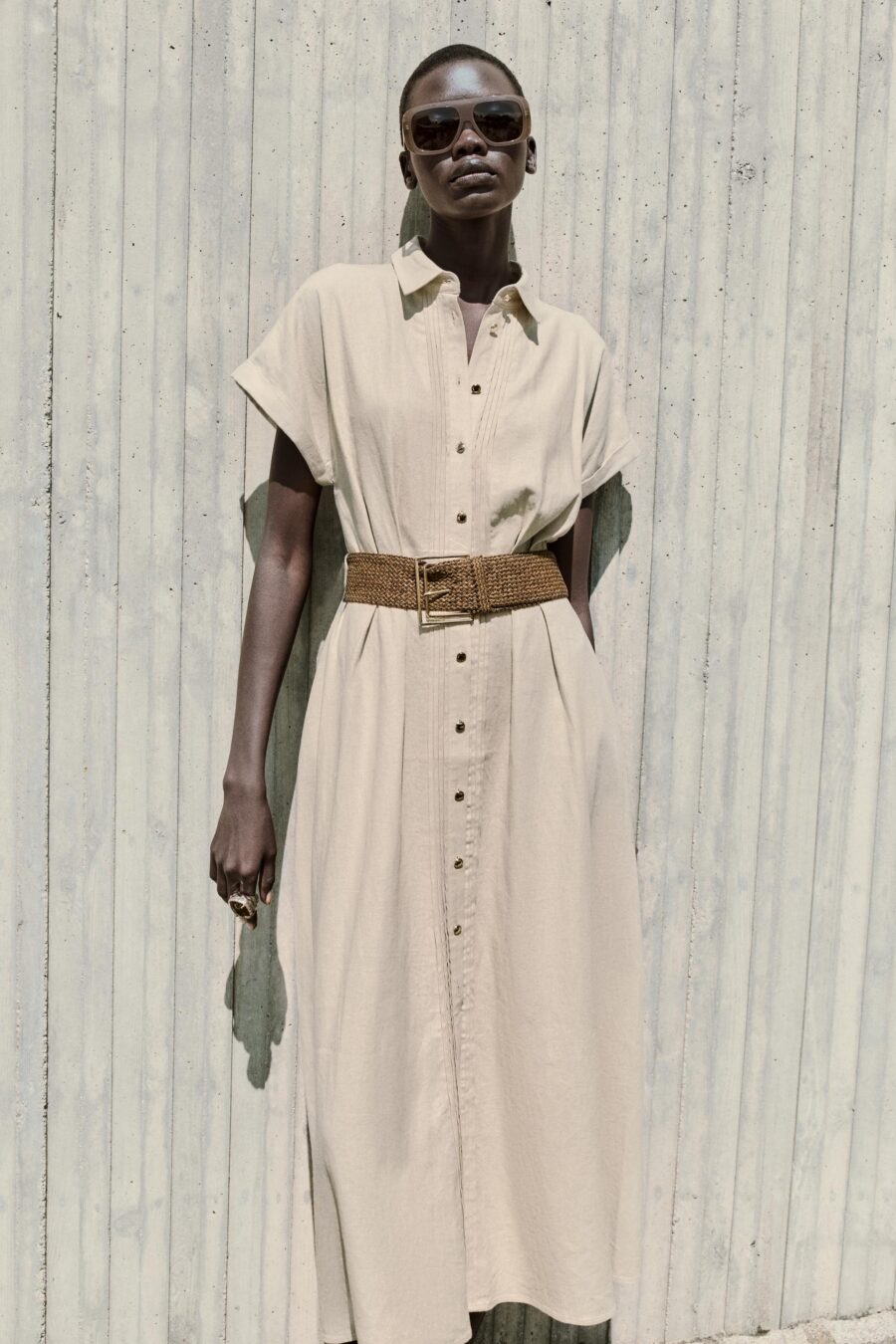 LINEN BLEND MIDI DRESS WITH BELT