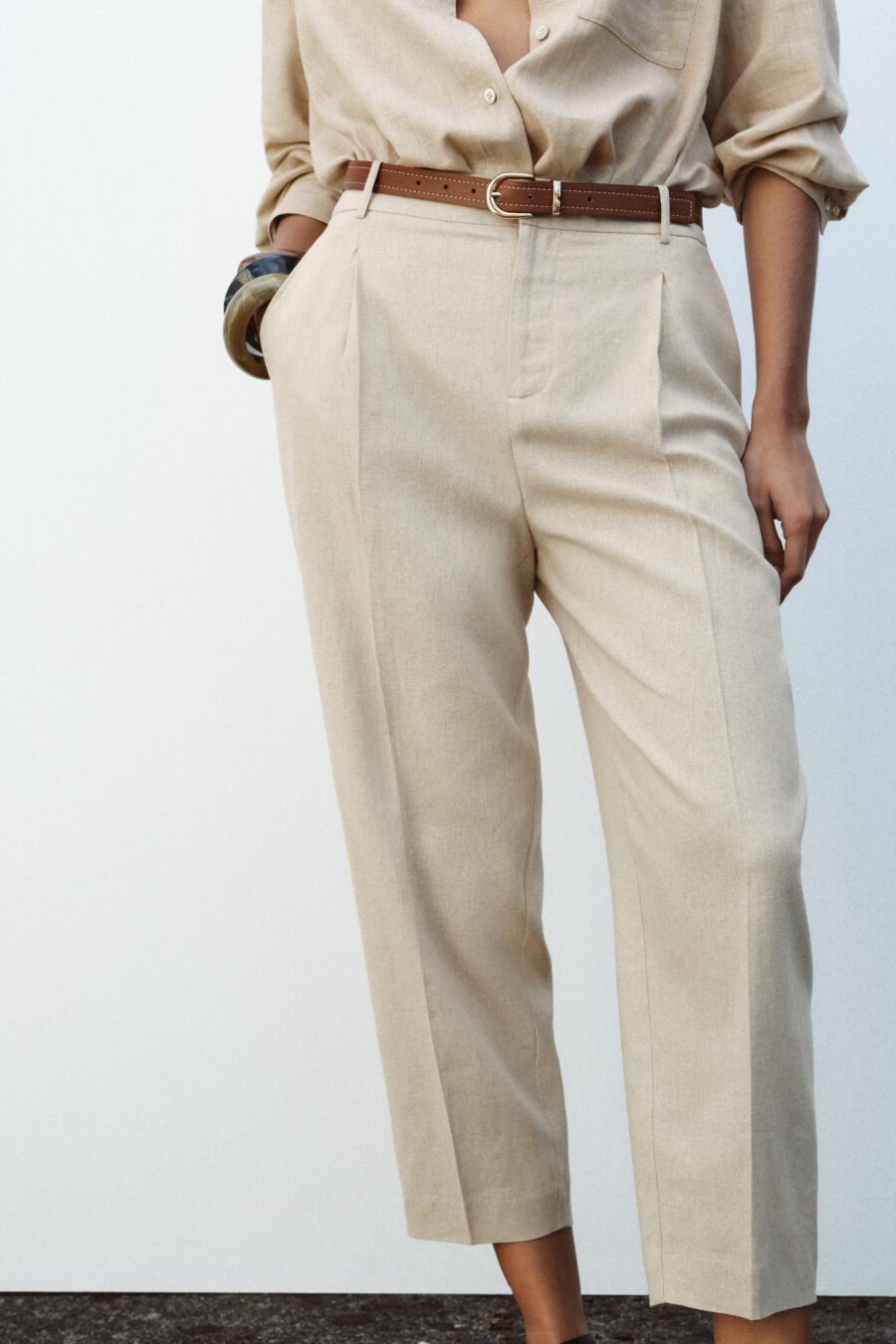 LINEN BELTED STRAIGHT-LEG TROUSERS