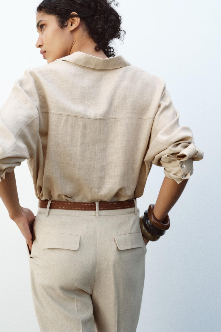 LINEN BELTED STRAIGHT-LEG TROUSERS