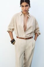 LINEN BELTED STRAIGHT-LEG TROUSERS