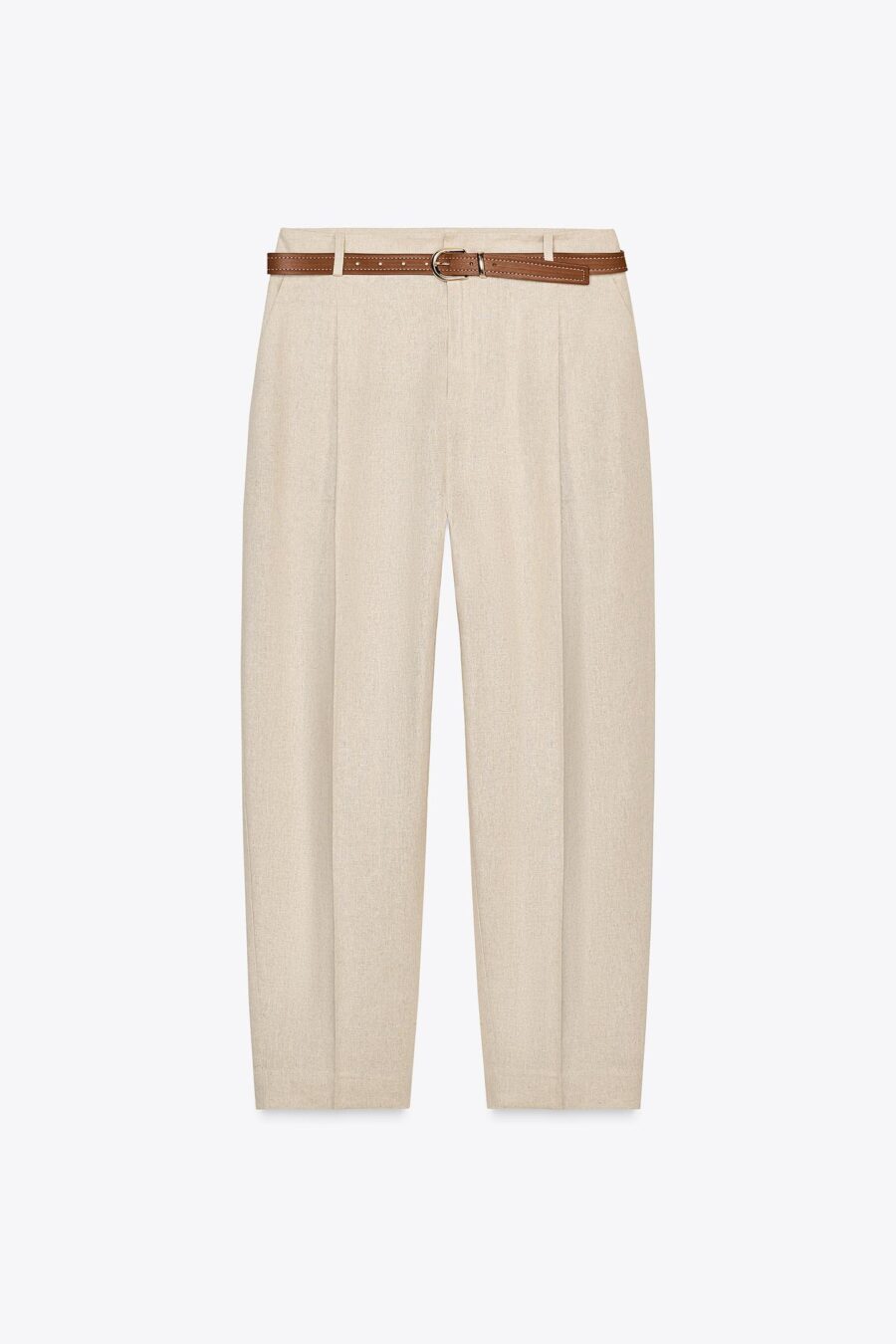 LINEN BELTED STRAIGHT-LEG TROUSERS