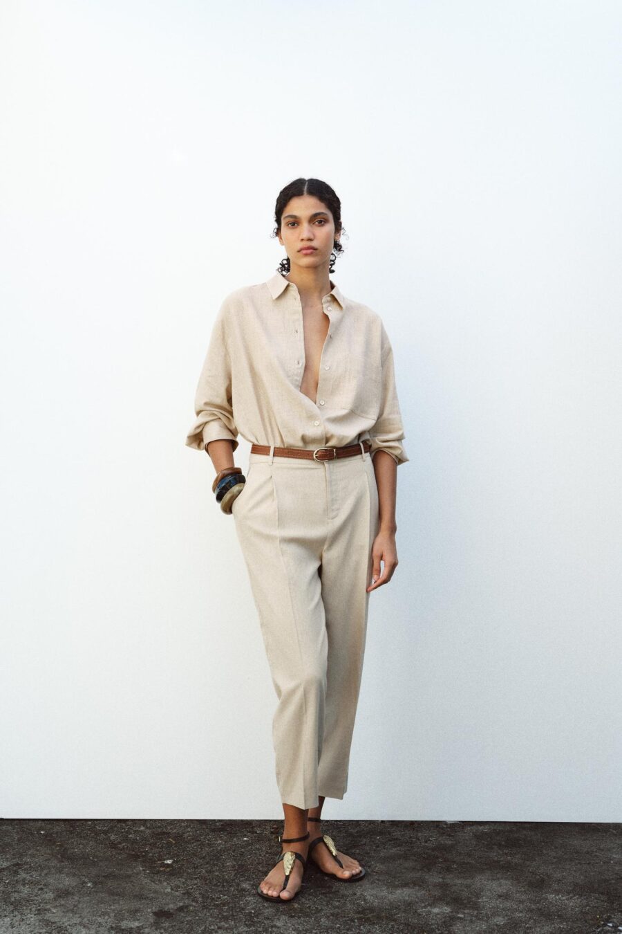 LINEN BELTED STRAIGHT-LEG TROUSERS