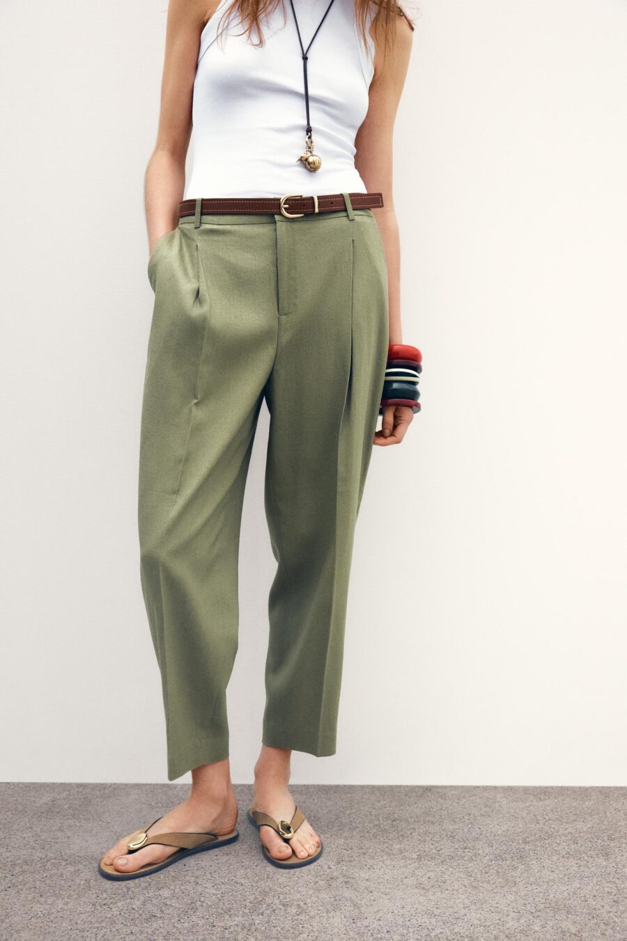 LINEN BELTED STRAIGHT-LEG TROUSERS