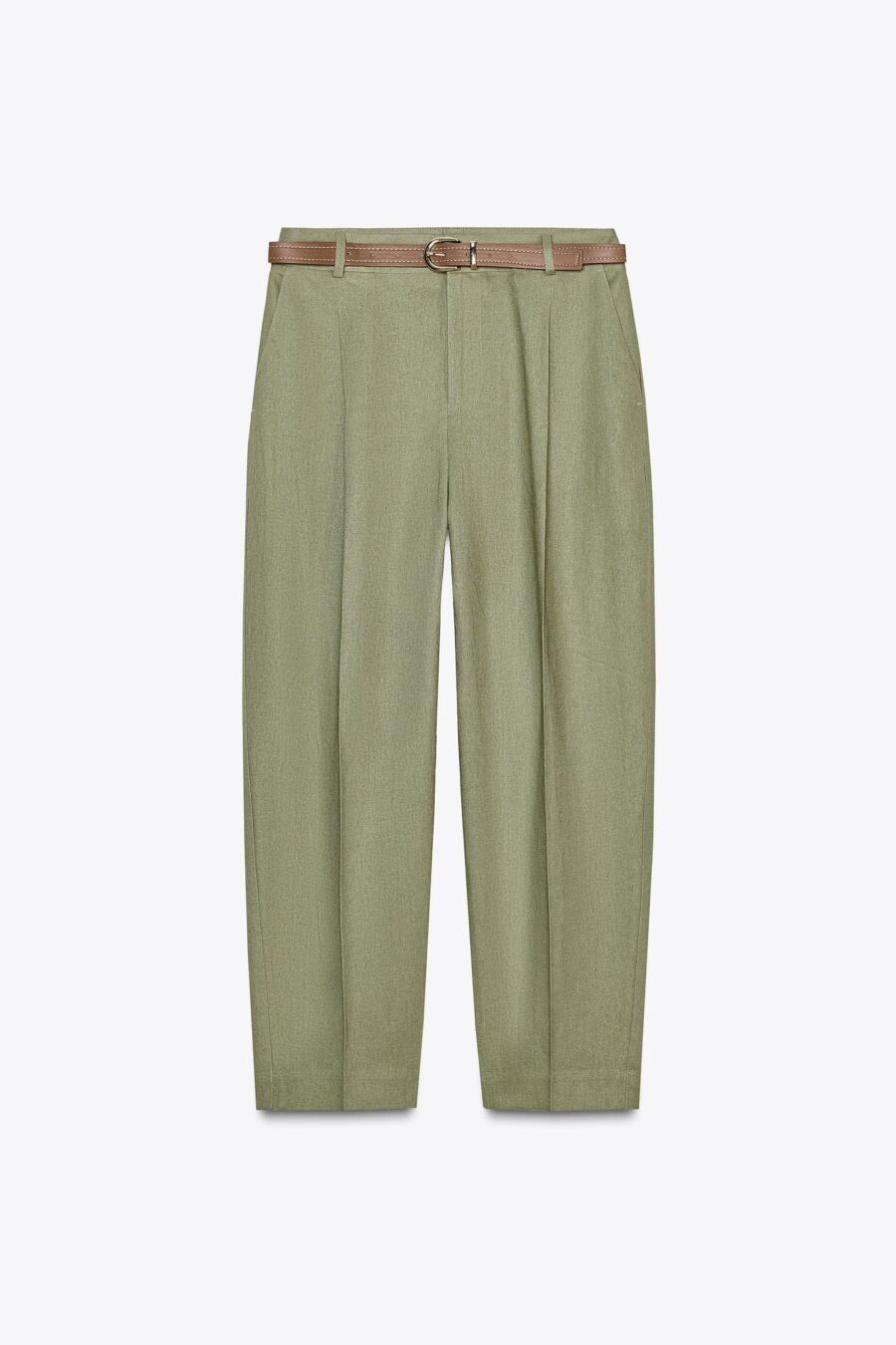 LINEN BELTED STRAIGHT-LEG TROUSERS