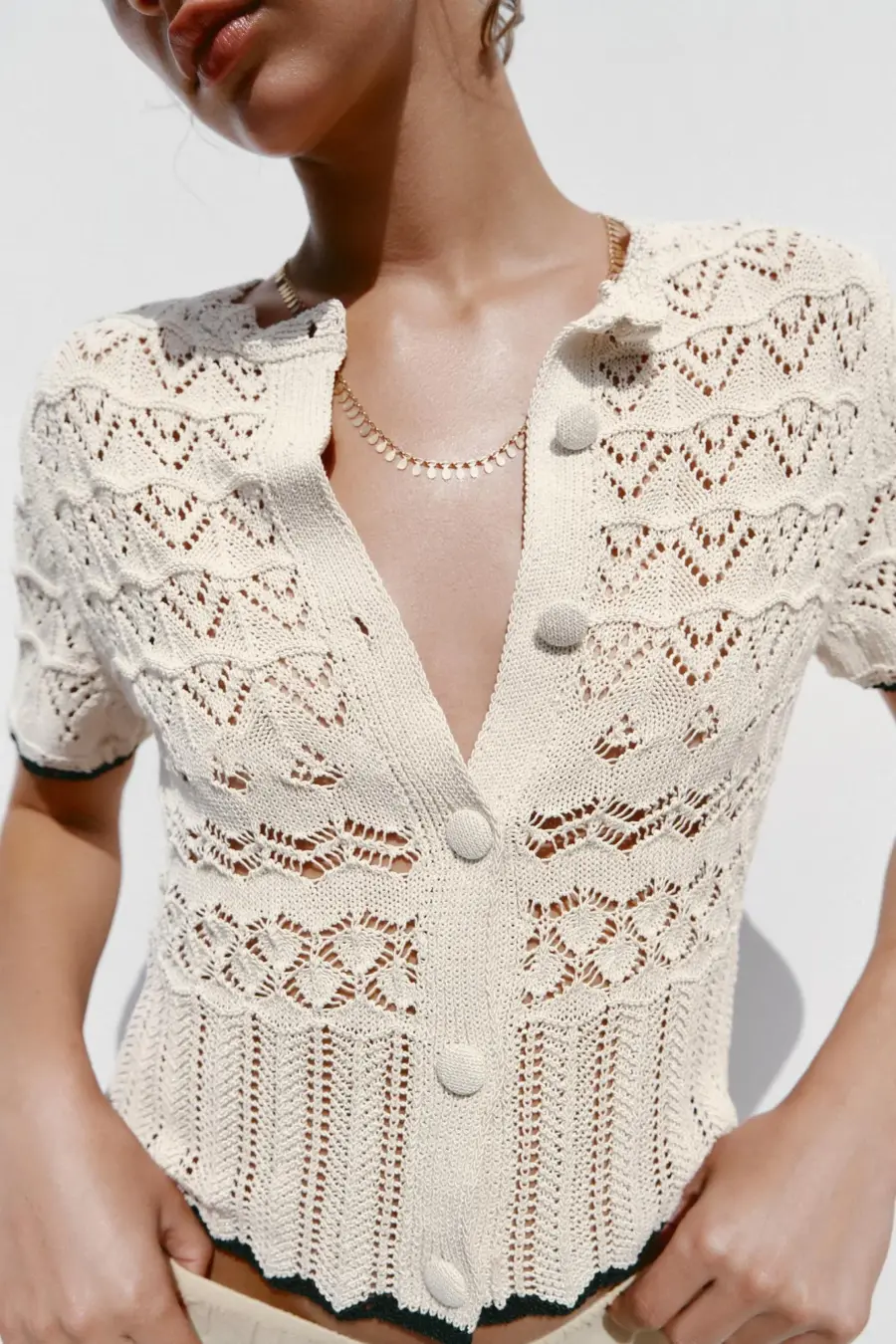 POINTELLE KNIT SHORT SLEEVE CARDIGAN