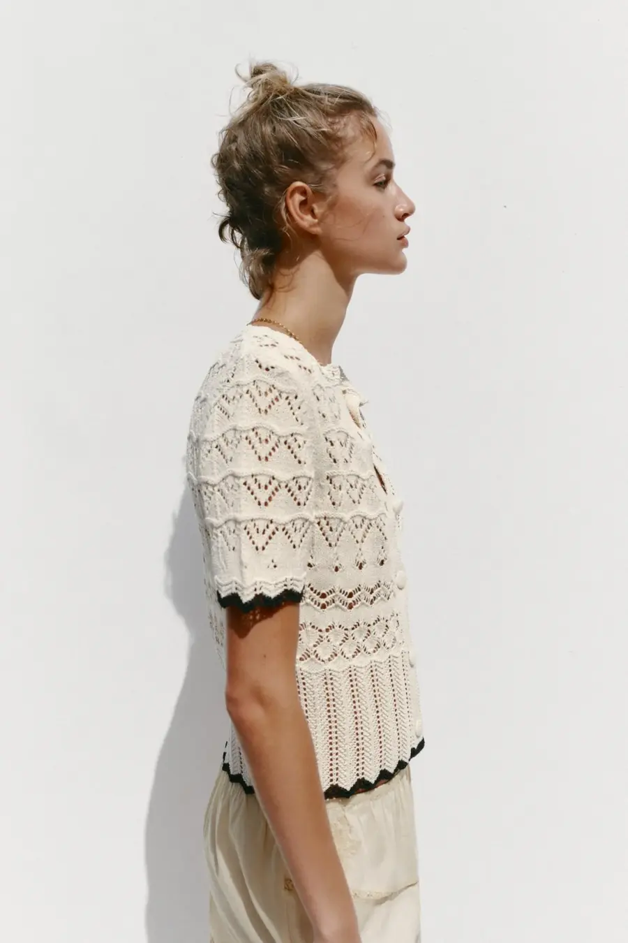 POINTELLE KNIT SHORT SLEEVE CARDIGAN