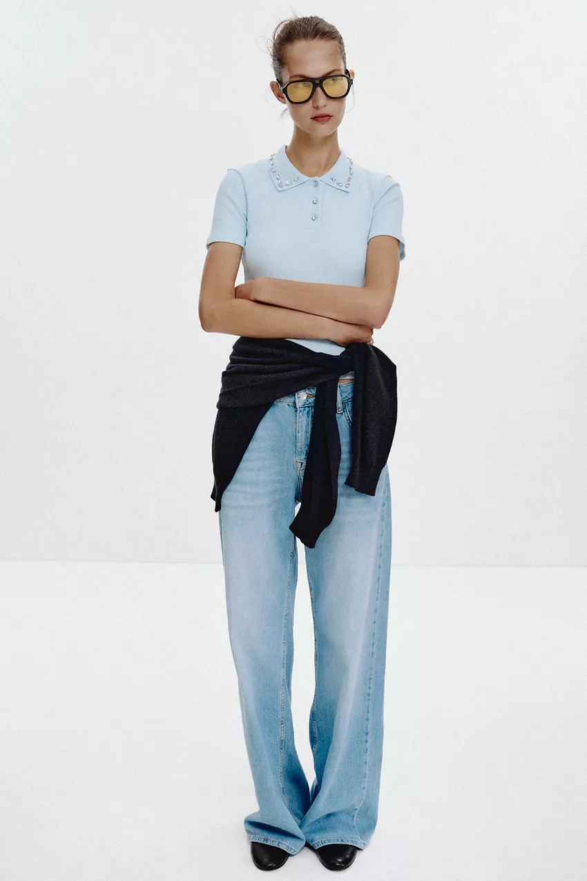 JEWEL COLLAR RIBBED POLO SHIRT