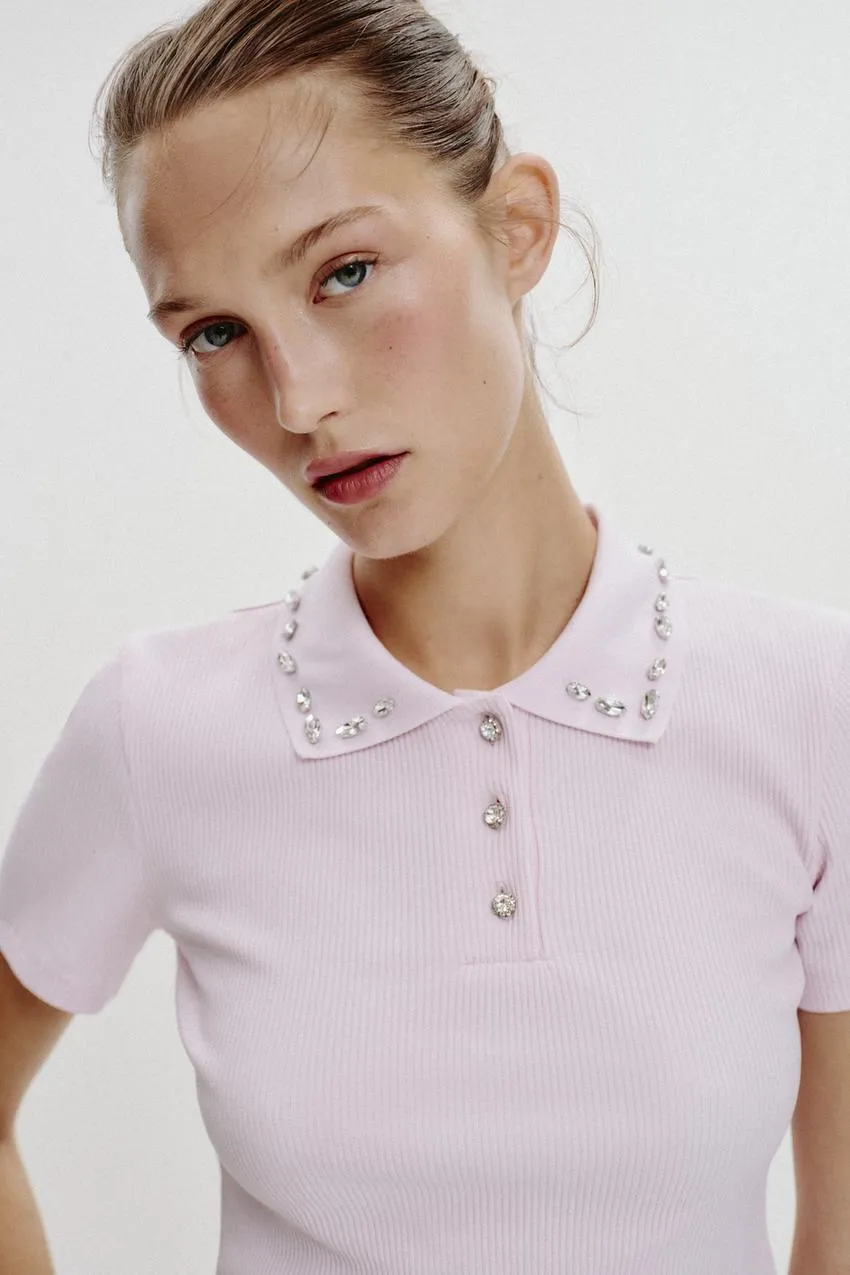 JEWEL COLLAR RIBBED POLO SHIRT