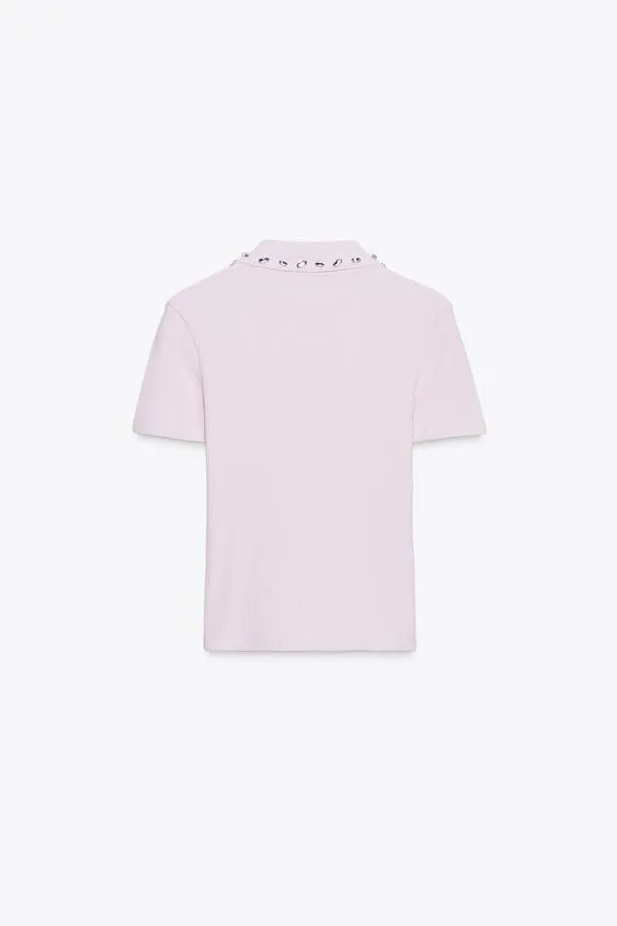 JEWEL COLLAR RIBBED POLO SHIRT
