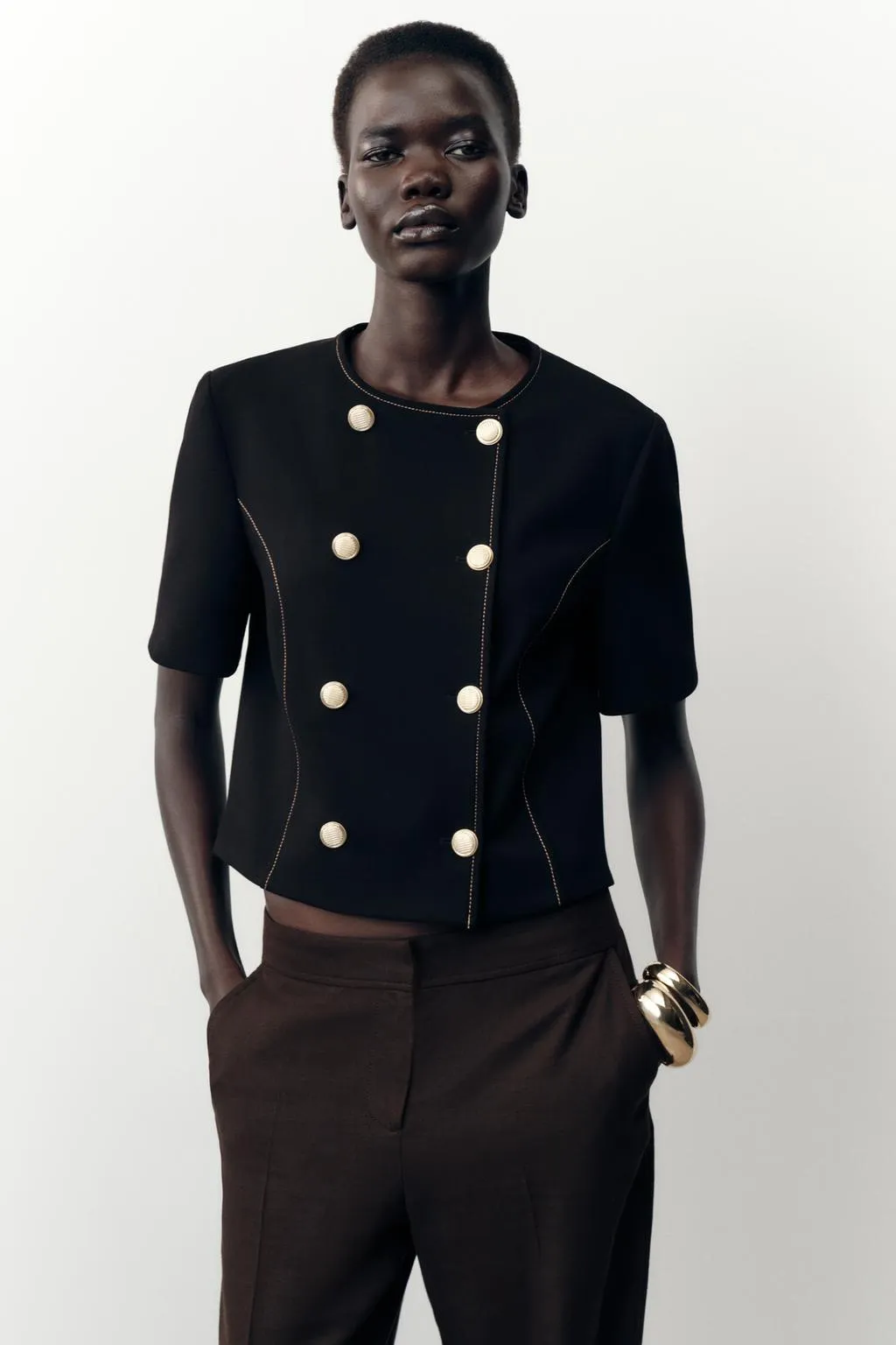 CONTRAST STITCH SHORT SLEEVE BLAZER