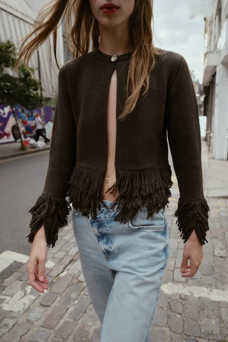 FRINGED KNIT CARDIGAN WITH BUTTON