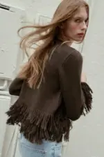 FRINGED KNIT CARDIGAN WITH BUTTON