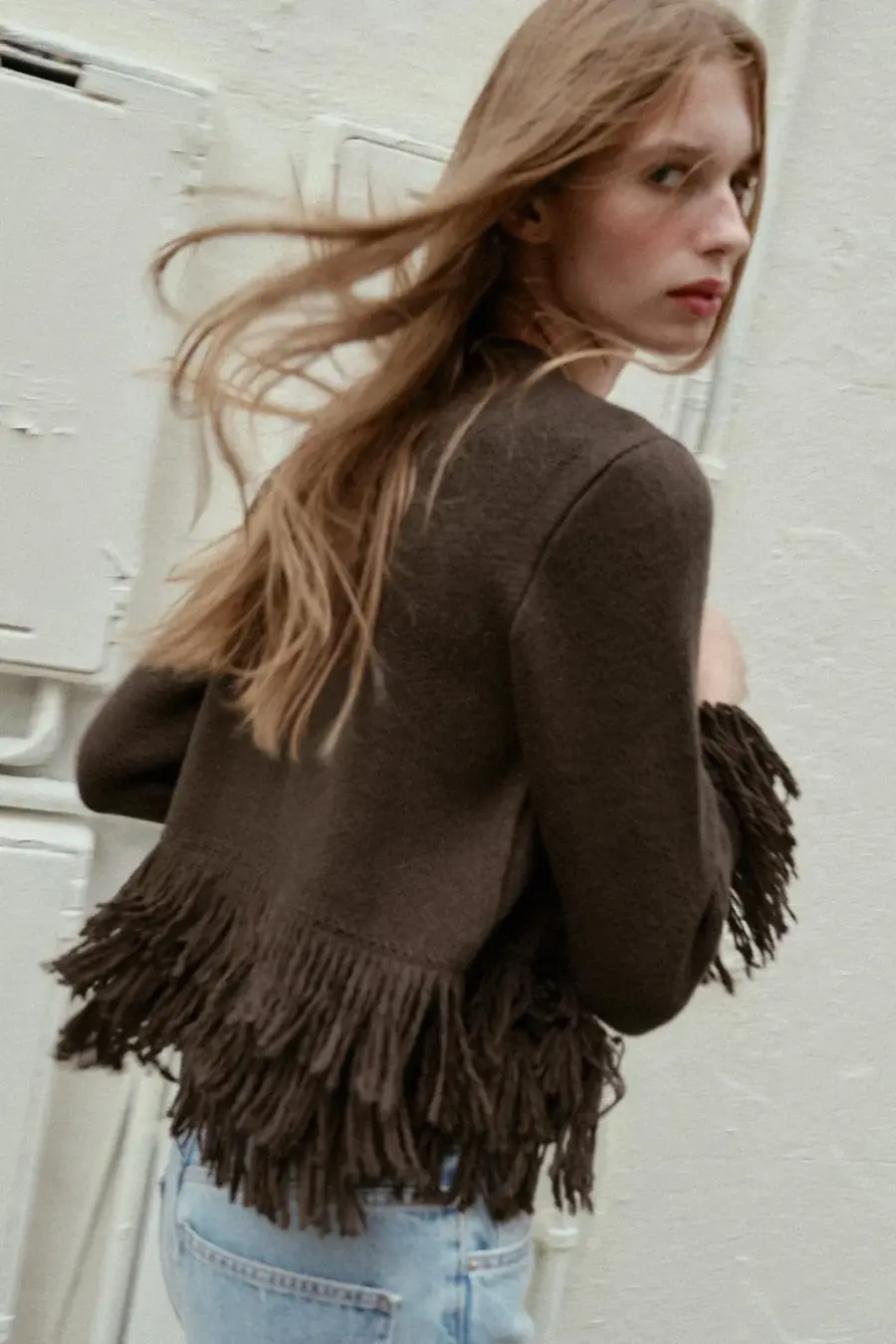 FRINGED KNIT CARDIGAN WITH BUTTON