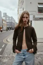 FRINGED KNIT CARDIGAN WITH BUTTON