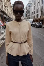 BELTED FAUX SUEDE PEPLUM JACKET