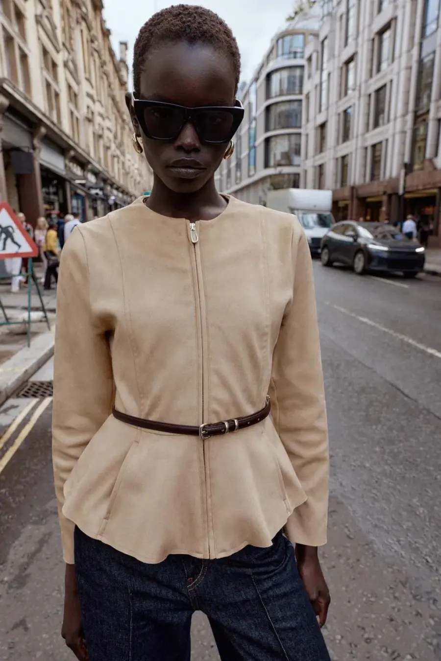 BELTED FAUX SUEDE PEPLUM JACKET