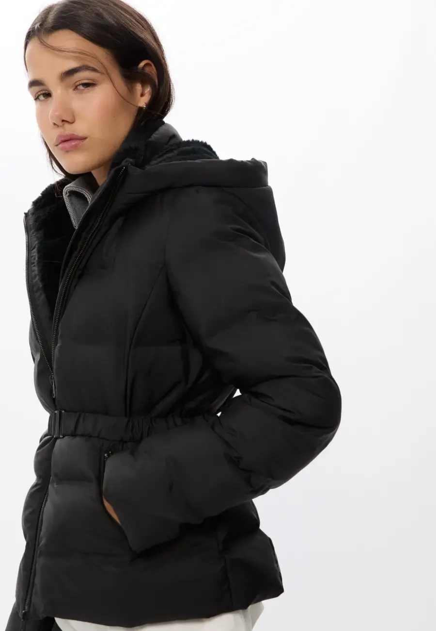 Hooded puffer jacket with belt