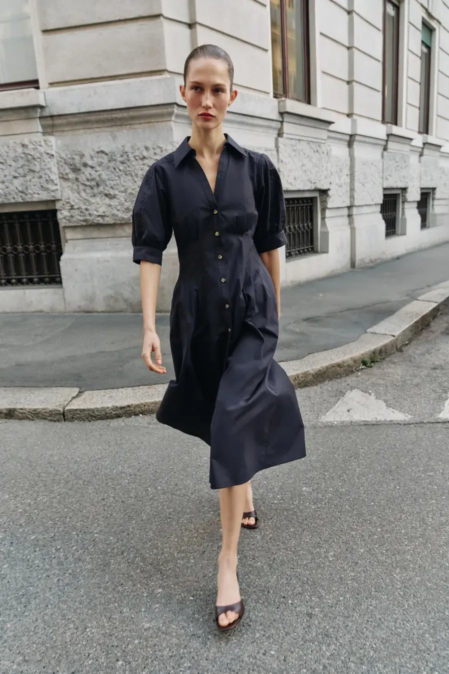 PUFF SLEEVE POPLIN MIDI DRESS