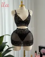 لانجري 3 قطع دانتيل اسود ( SKIRT + BRA + THONG )