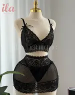 لانجري 3 قطع دانتيل اسود ( SKIRT + BRA + THONG )